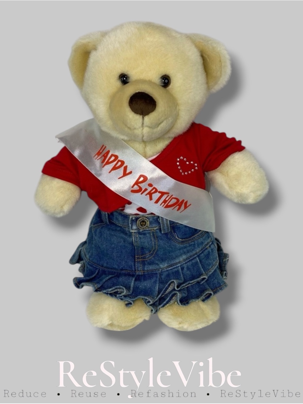 Build-A-Bear Stuffed Plush Bear Happy Birthday Sash Outfit Shirt Jean Skirt BAB
